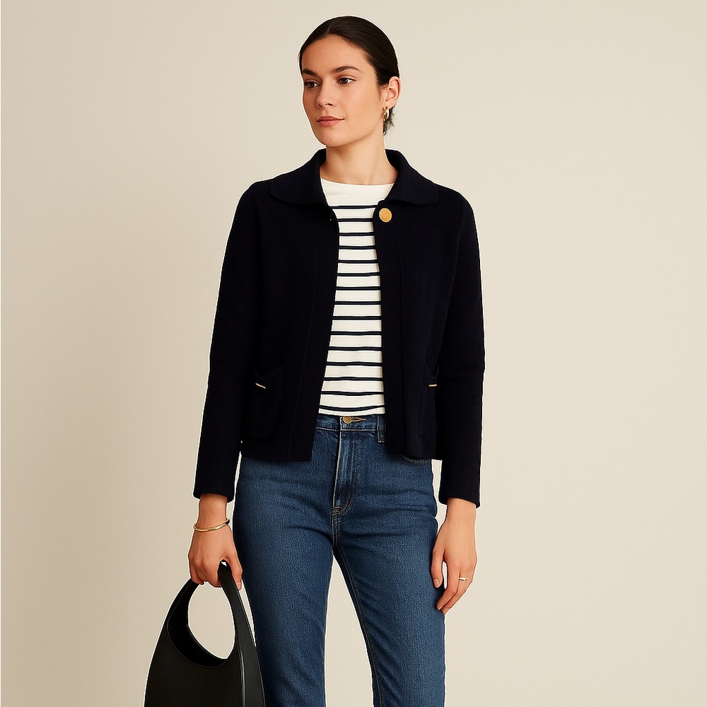 SOLD Saint James Atelier Wool Cardigan – Navy with Gold Button - Picture 13 of 14